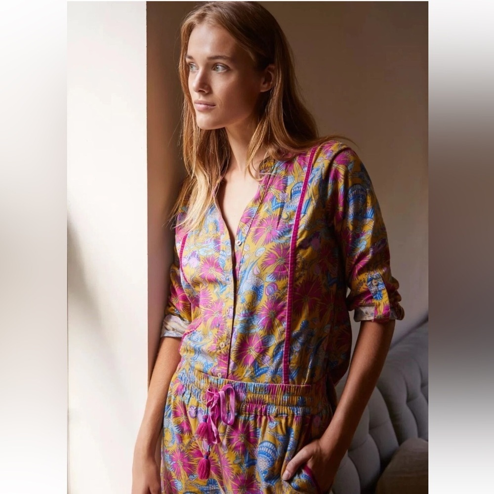 Anthropologie Small Floral Boho Pink Print Fleece Button-Down Blouse